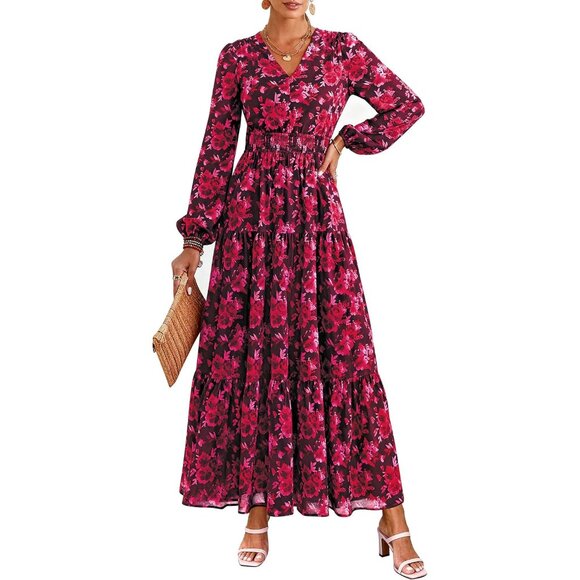 Flowy Floral Maxi Dress with Pockets - Ideal for Beach Vacations and Weddings - Picture 1 of 8